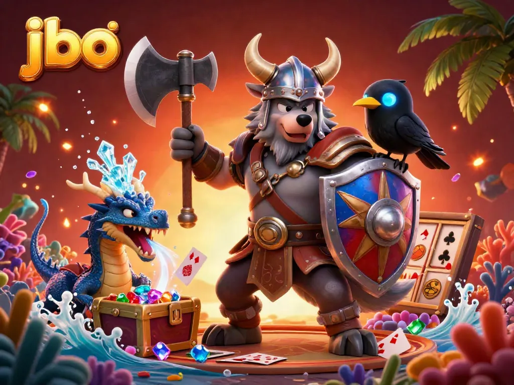 Engage with jbo's vibrant gaming scene featuring a wolf warrior, a dragon, and exciting game elements.