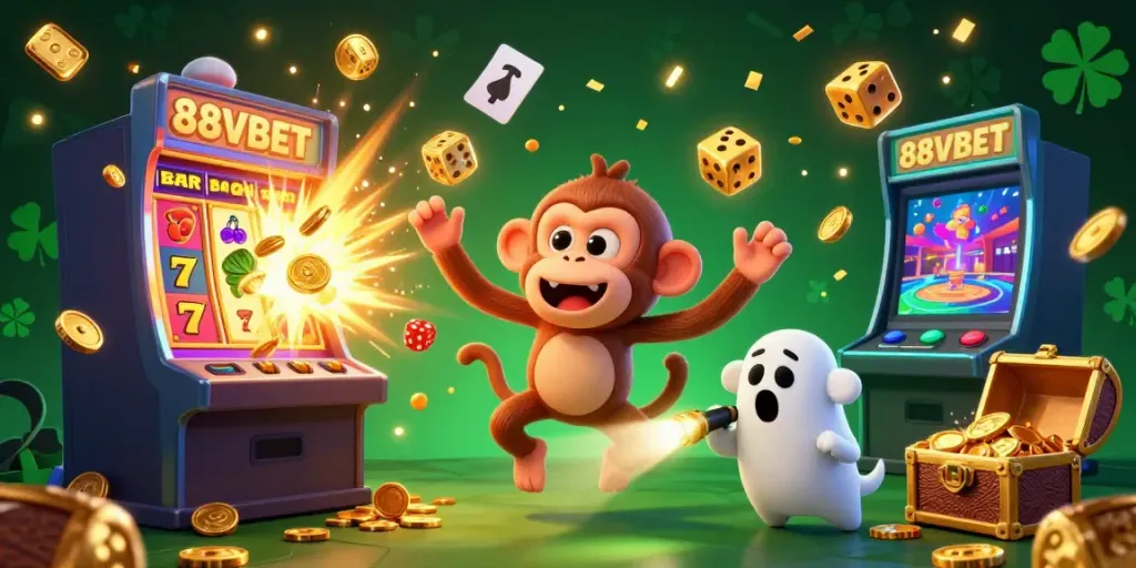 Engage in thrilling moments with 88VBET's vibrant casino scene featuring a juggler monkey and ghost-hunter puppy.