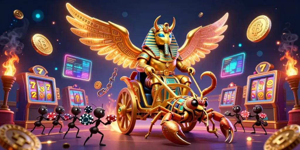 Experience exciting wins at abc8 Casino with vibrant slot reels and 3D golden beetles in a dazzling scene.