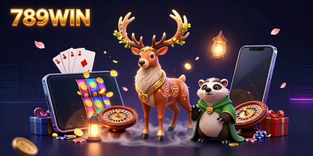 Experience thrilling gameplay with 789WIN's vibrant casino scene featuring dynamic characters and exciting game elements.