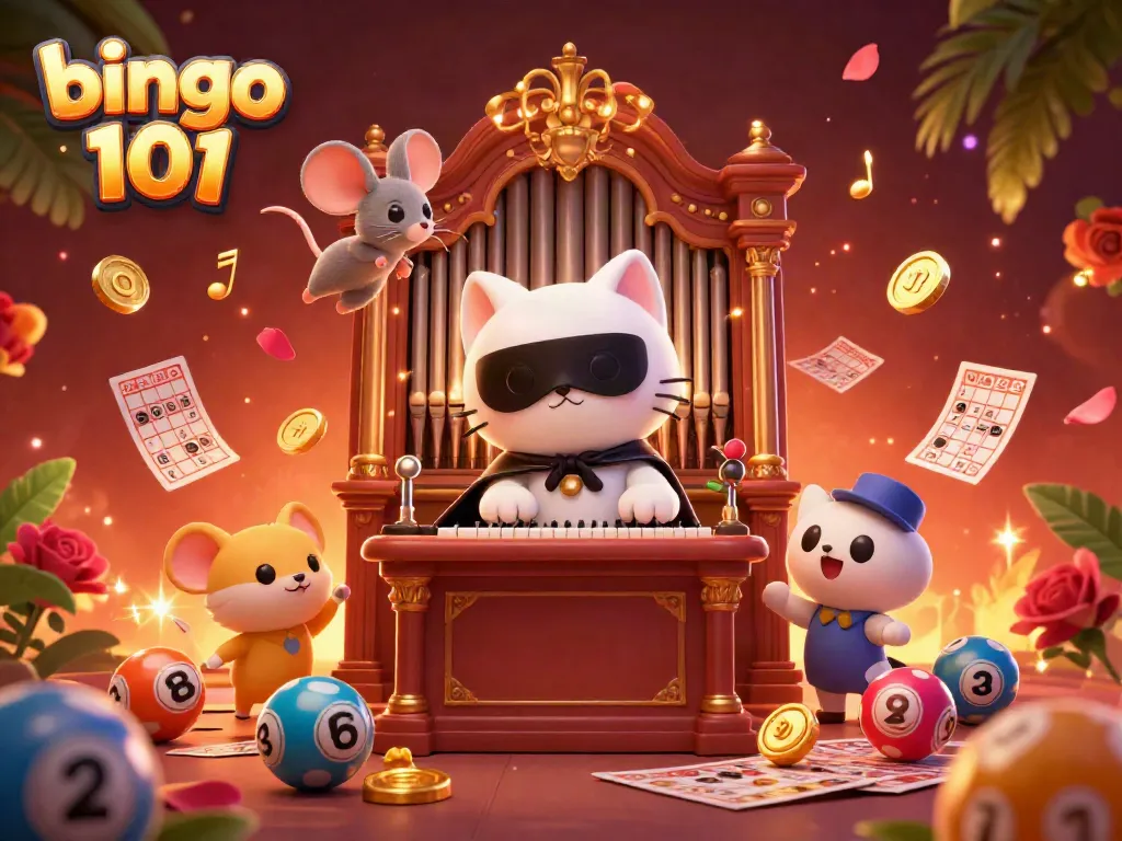 Participate in thrilling bingo 101 games with vibrant cards and rewards floating around a whimsical scene.