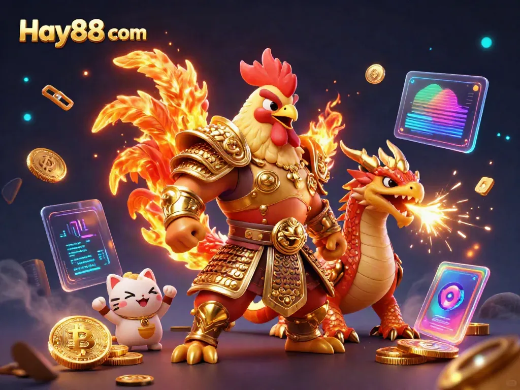 Engage in thrilling gaming adventures at Hay88 com with a cartoon rooster warrior and dragon.