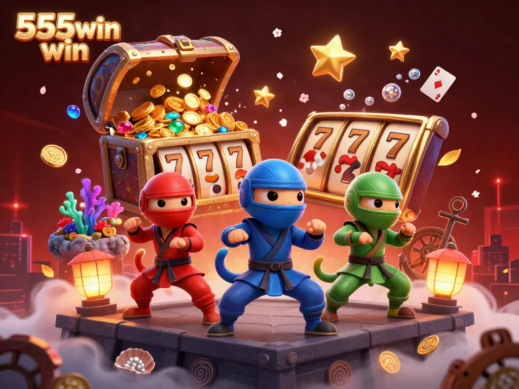 Play 555win win slots with an exciting team of ninja chameleons in a thrilling casino atmosphere.