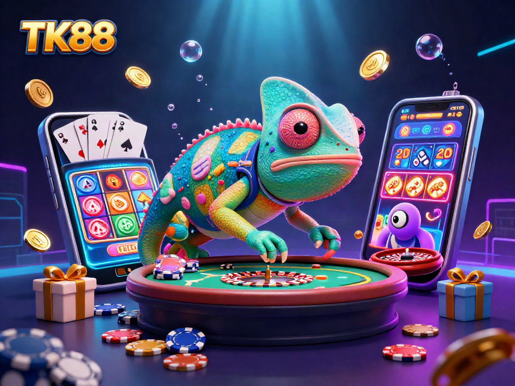 Engage with TK88 as the vibrant chameleon casino owner captivates players amidst golden coins and games.