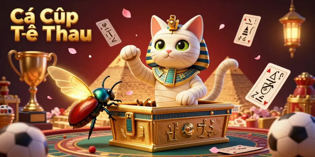 Cá Cược Thể Thao highlights an exciting sports betting scene with a lively Egyptian mummy cat and glowing beetle.
