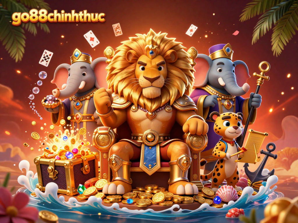 Experience thrilling gameplay at go88chinhthuc with a captivating scene of royal characters amidst a treasure-filled casino.
