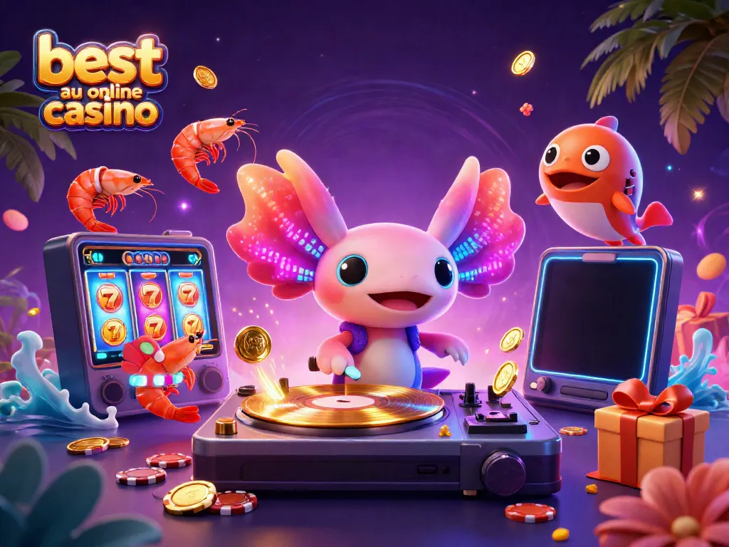 Experience the best AU online casino scene with a vibrant axolotl DJ spinning colorful slots in a lively underwater party.