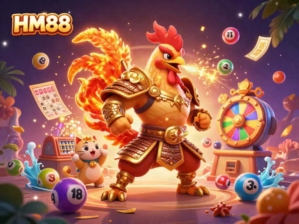 Engage with HM88's vibrant casino world featuring dynamic lottery elements and colorful characters.