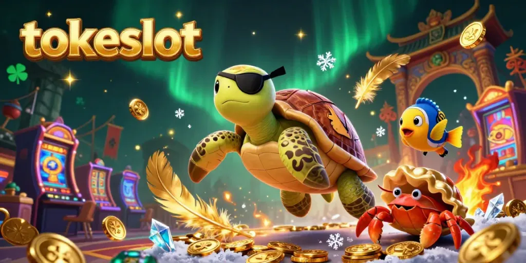 Engage with the vibrant "tokeslot" casino world through playful characters amidst swirling slot reels and treasures.