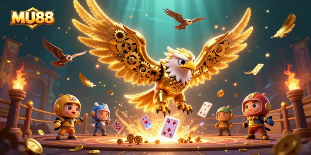 Engage with MU88's thrilling casino experience featuring a golden eagle amid vibrant playing cards.