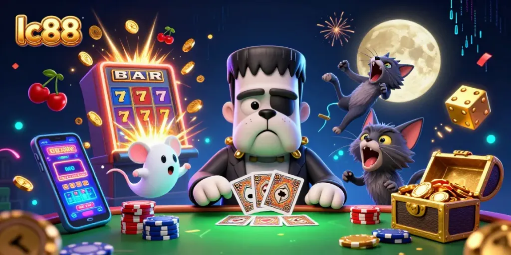 Experience thrilling games with lc88 as a bulldog monster deals cards at an enchanted casino table.
