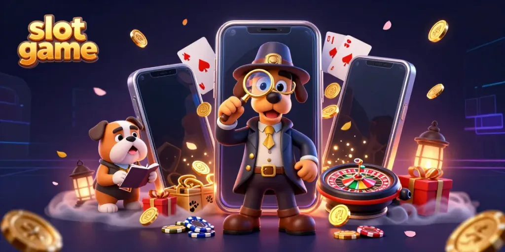 Slot game dengan detektif 3D memeriksa petunjuk chip poker di dalam suasana kasino yang meriah.