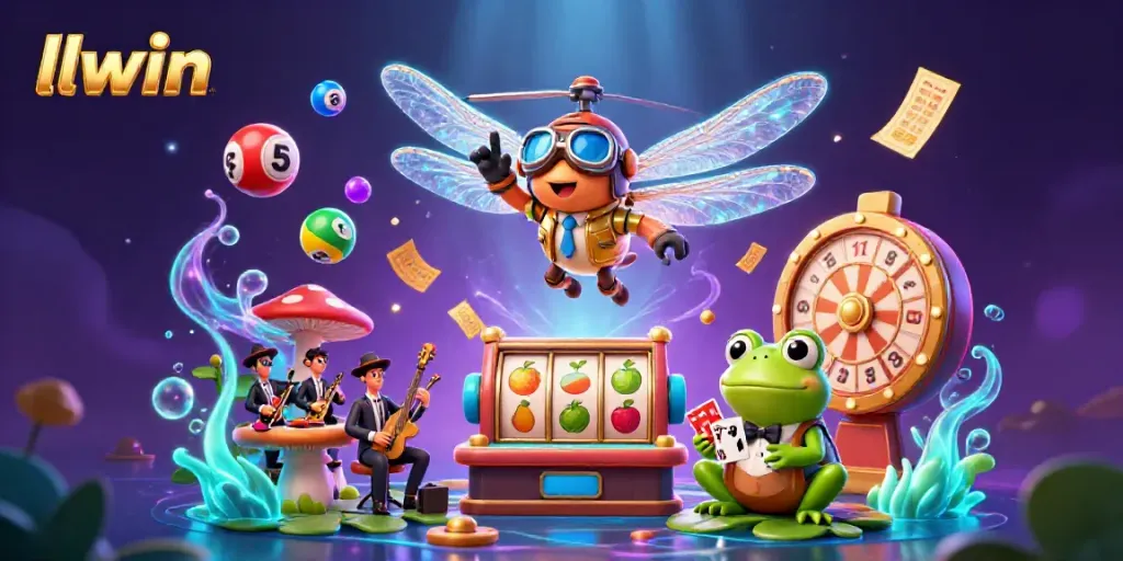 Experience llwin's lively casino scene with a dragonfly pilot and frog croupier in action.