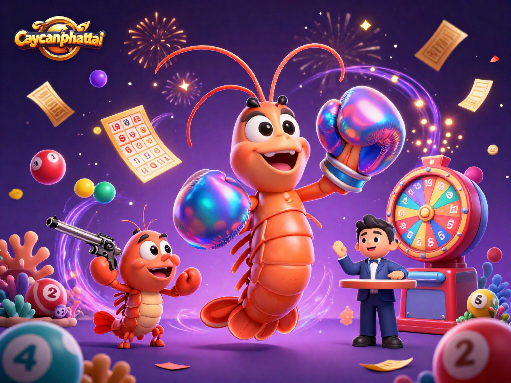 Engage in exciting gameplay with caycanhphattai, featuring 3D cartoon characters amidst colorful lottery elements and dynamic prize visuals.