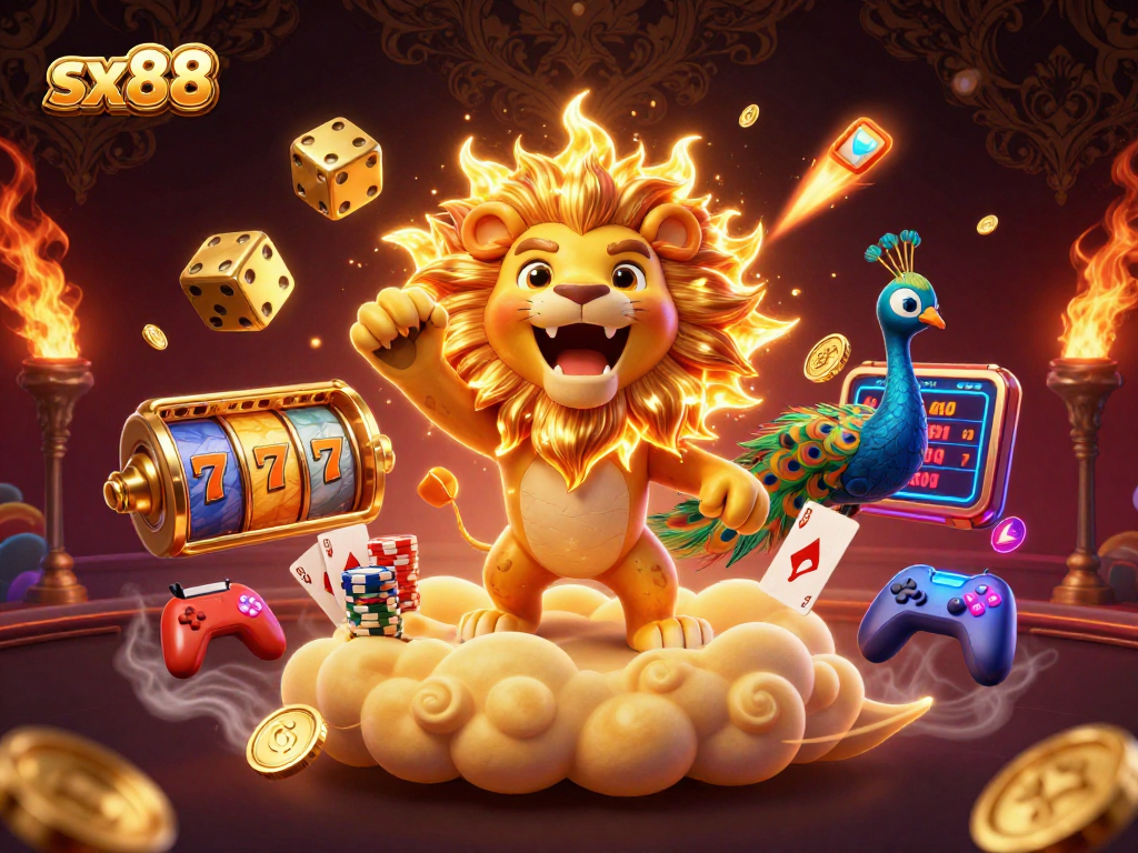 Sx88 players engaging in a vibrant casino atmosphere with slot reels and golden dice.