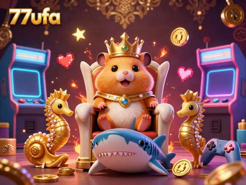 Engage with thrilling slots at 77ufa, where a golden hamster king rules over vibrant casino game elements.