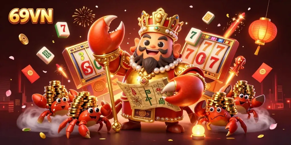 Engage in the vibrant world of 69VN with a dynamic gambling illustration showcasing a golden crab emperor and rich games around.