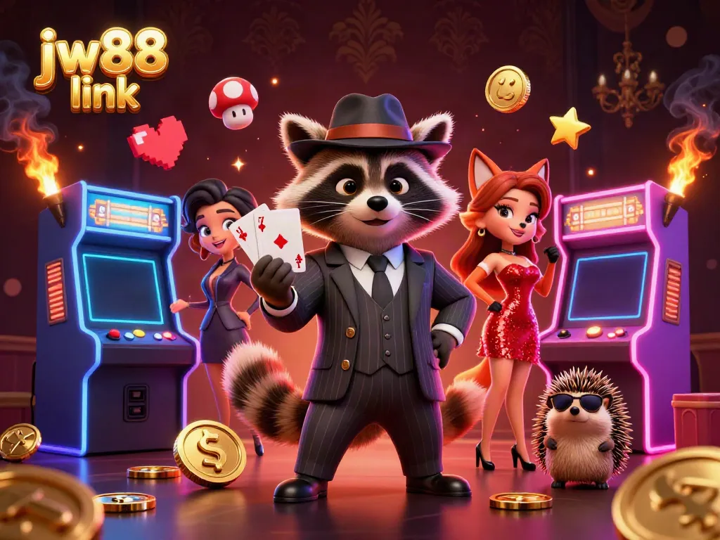 Experience the excitement of jw88 link with a stylish raccoon holding a royal flush in a casino scene.