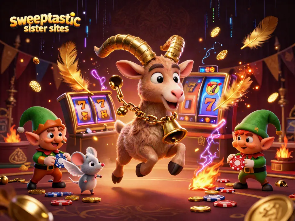 Engage with sweeptastic sister sites in a vibrant casino, featuring unique characters and dynamic elements.
