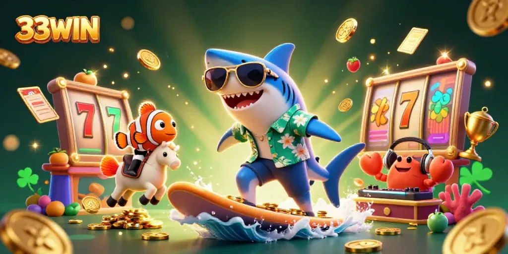 Bet big with 33WIN's vibrant casino scene featuring lucky symbols and interactive characters.