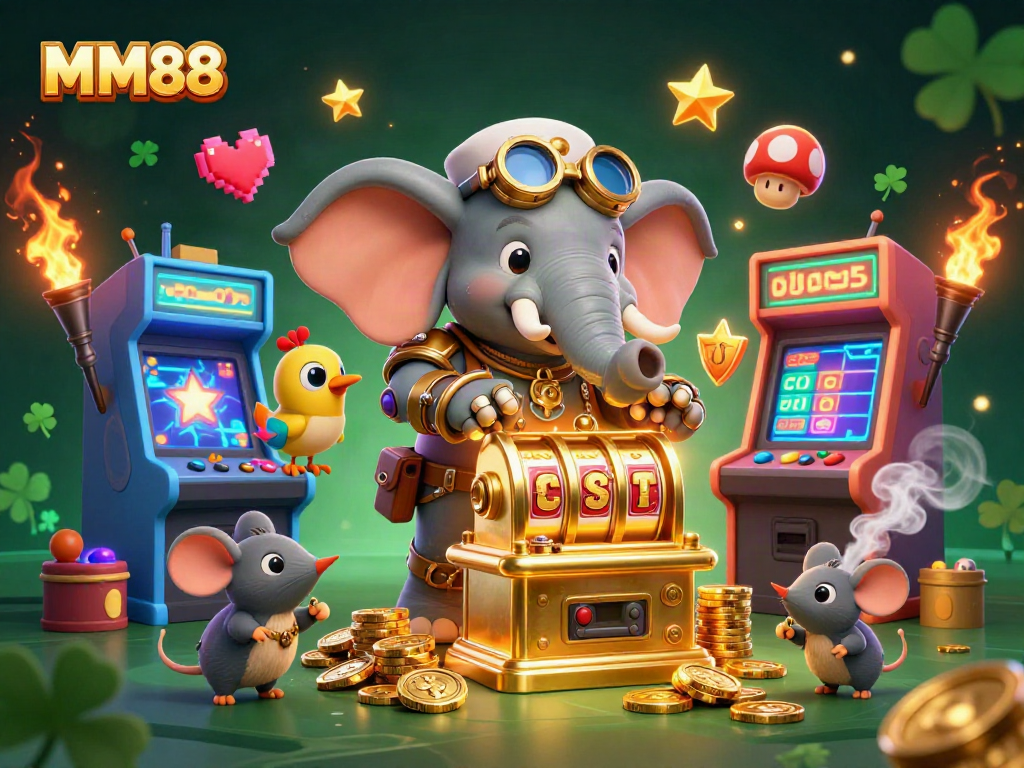Experience the excitement of MM88 with a dynamic 3D scene showcasing a steampunk elephant and a golden slot machine.