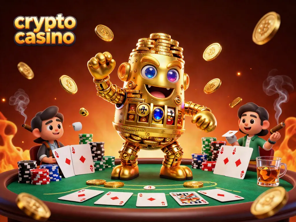 Engage with the exciting world of crypto casino as a golden golem comes alive among vibrant poker elements.
