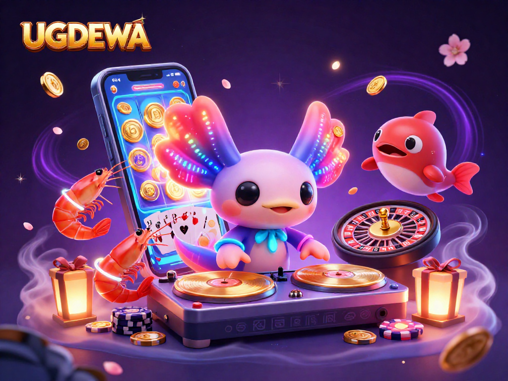 UGDEWA showcases a neon axolotl DJ spinning vibrant slot games amidst an underwater party scene.