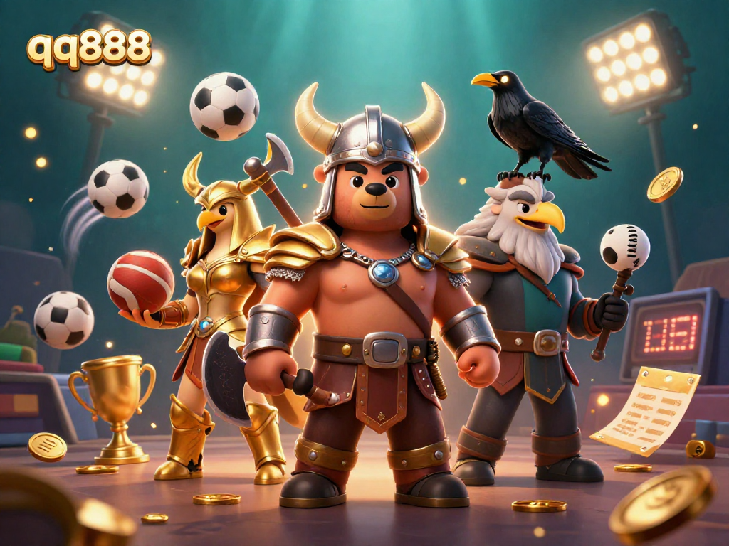 Bet big with qq888 in this 3D vibrant casino scene illustrating a Viking warrior amidst flying sports elements.