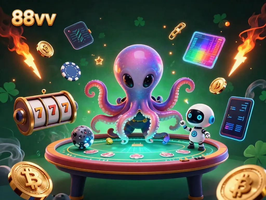 Engage in exciting gambling experiences at 88vv while interacting with cartoon characters in a vibrant casino scene.