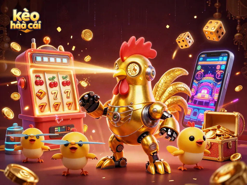 Engage with vibrant kèo nhà cái action featuring golden rooster robot and dynamic casino elements.