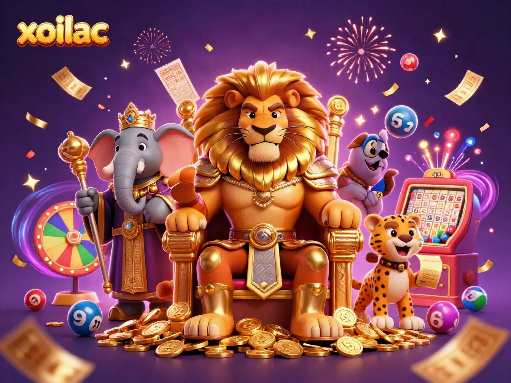 Engaging 3D illustration of xoilac with a lion king, elephant advisor, and cheetah messenger amidst colorful casino elements.