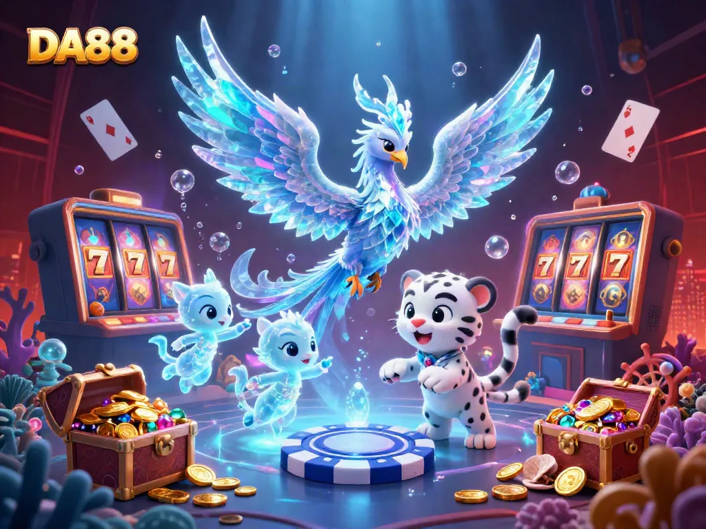 Experience thrilling gameplay with DA88's vibrant casino scene featuring an ice phoenix and colorful animated characters.