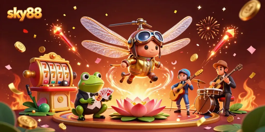 Experience thrilling gaming at sky88 with dynamic characters in a lively casino atmosphere.