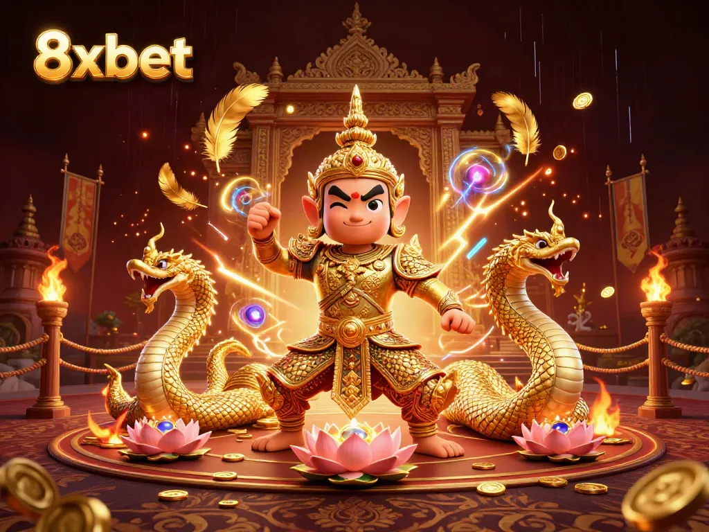 Engaging 3D scene of 8xbet's Thai guardian and Naga companions in an energetic casino setting.