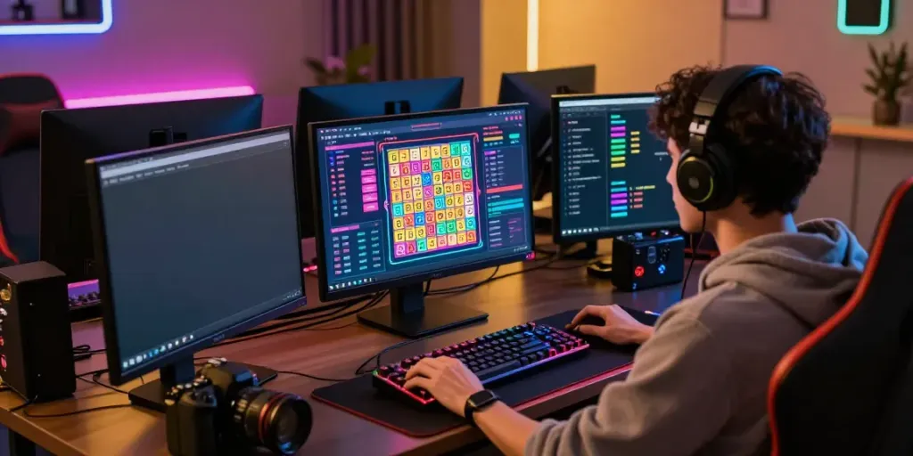 Engaging scene of a player experiencing toto togel in a modern gaming setup, showcasing excitement and high-tech atmosphere.