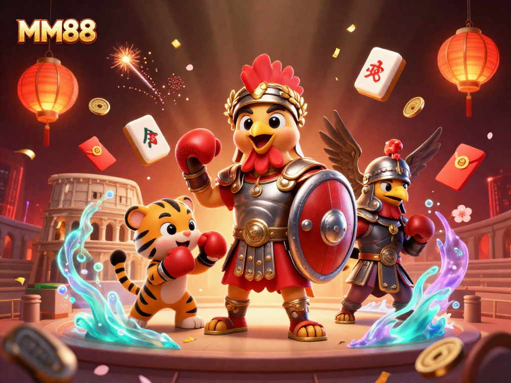 Experience the exciting world of MM88 with a dynamic 3D illustration of a gladiator rooster and sparring partner in a vibrant casino setting.