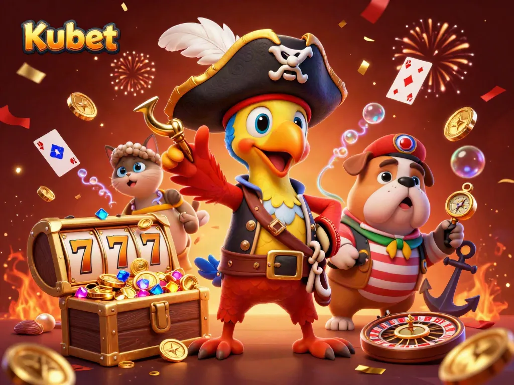 Kubet offers exciting slot games amid a vibrant 3D pirate-themed illustration