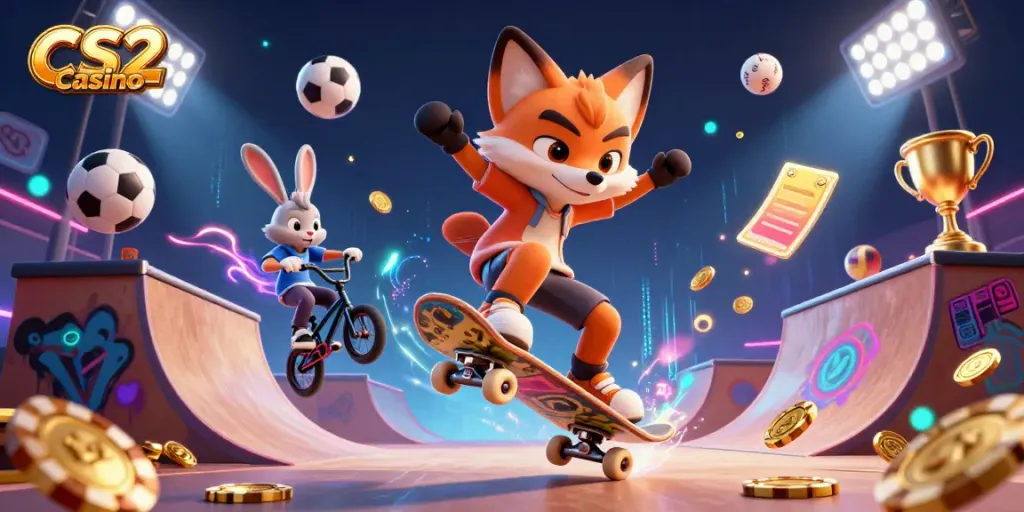 Engaging action scene depicting a CS2 Casino with a skateboarder fox and BMX-riding rabbit in a vibrant, animated style.