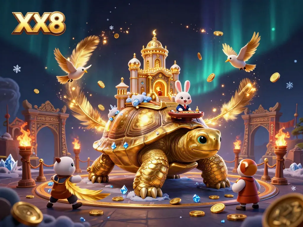 Engage in thrilling gameplay at the XX8 casino, highlighted by a golden tortoise and lively dealer.