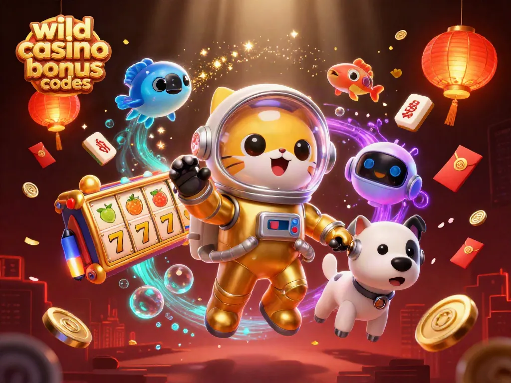 Engage with wild casino bonus codes in a vibrant 3D scene featuring a cartoon astronaut cat amidst slot game symbols.