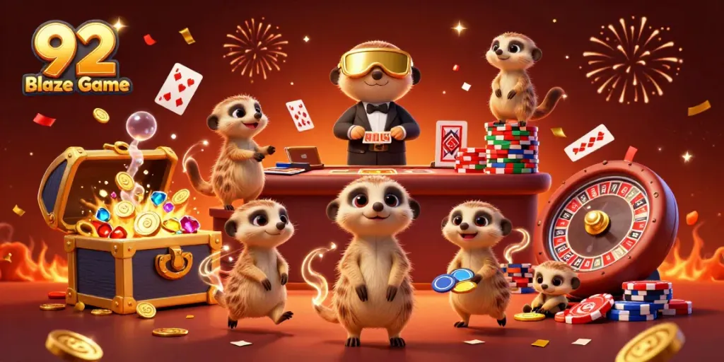 Experience the vibrant and colorful world of 92 Blaze Game with engaging meerkat characters in a lively casino scene.