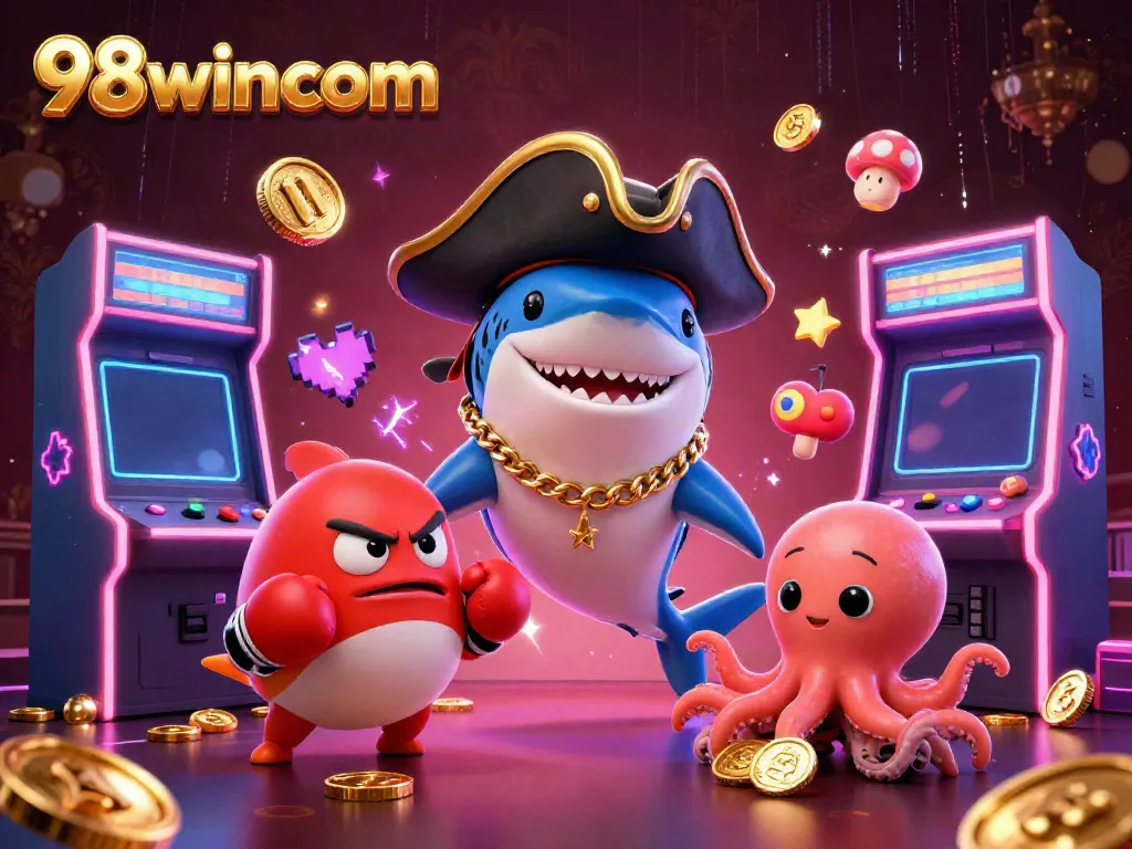 Engage in thrilling gaming with 98wincom's vibrant 3D casino illustration featuring a pirate shark.