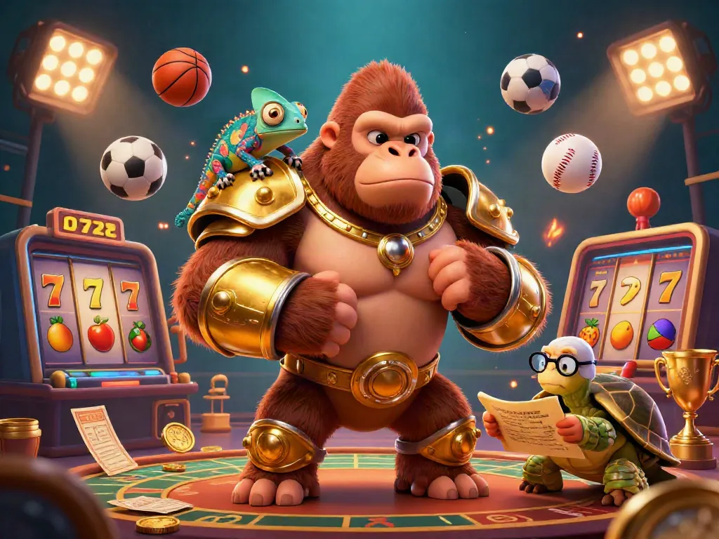 Experience thrilling slot games with a powerful gorilla king and vibrant casino elements in this 3D illustration.