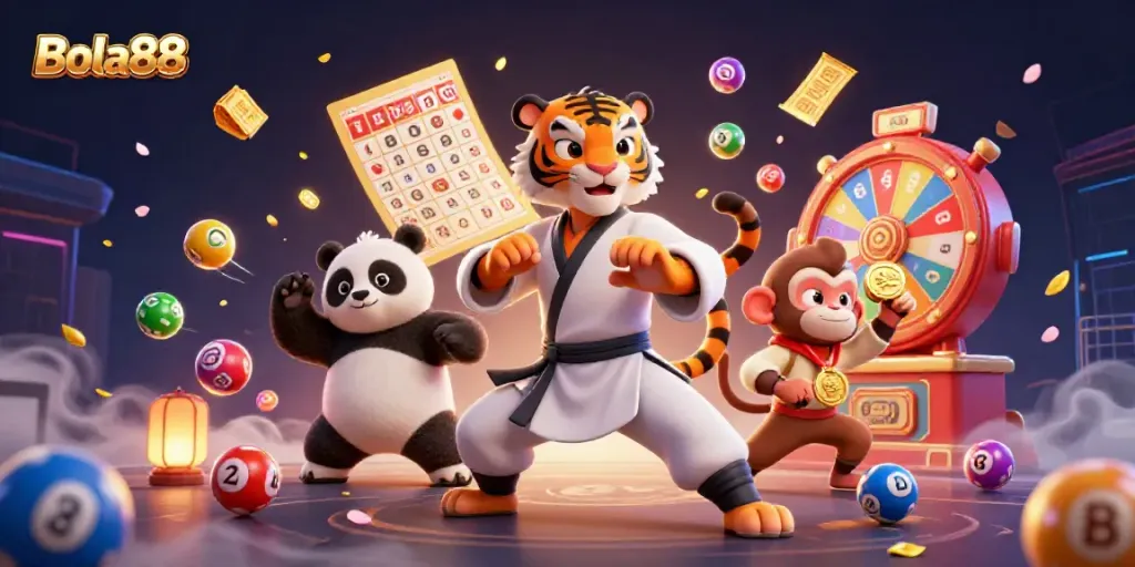 Engage with Bola88's vibrant gaming action featuring a kung fu tiger master and colorful lottery elements.