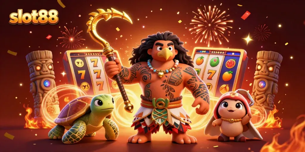 Menang besar dalam slot88 dengan ilustrasi 3D penuh warna, menampilkan simbol jackpot dan slot gulungan.