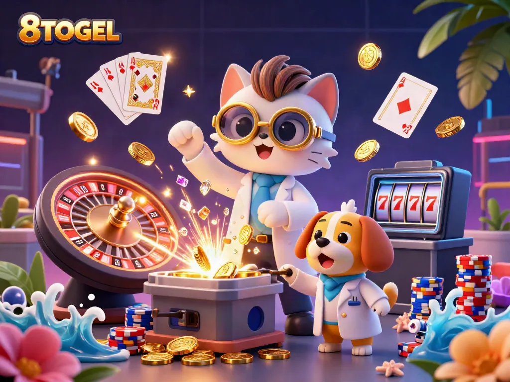 Experience the excitement of 8TOGEL as a mad scientist cat creates jackpot-winning moments with flying coins and poker chips.
