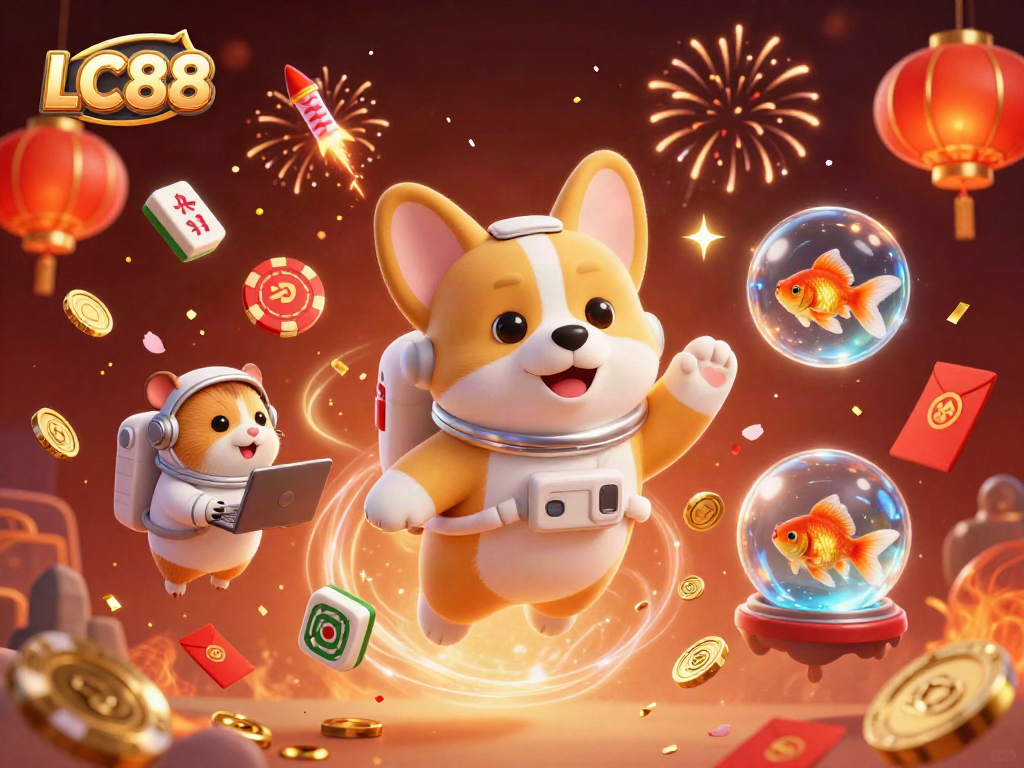 LC88 visualizing a vibrant casino scene with an astronaut corgi and festive elements