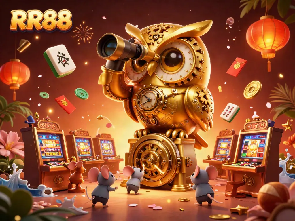 Experience the thrilling world of RR88 with a bustling casino scene featuring iconic symbols and characters.