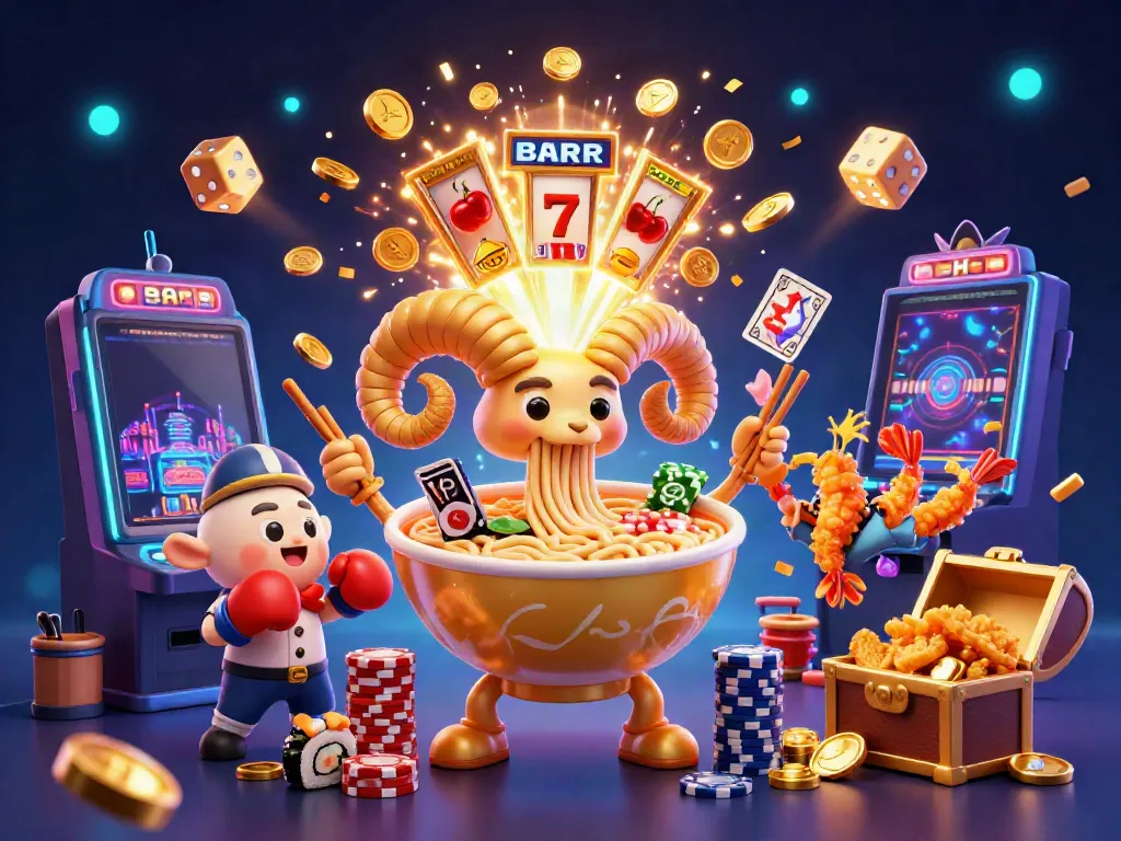 Xoilac casino scene with golden ramen bowl characters, slot machine, and vibrant casino elements