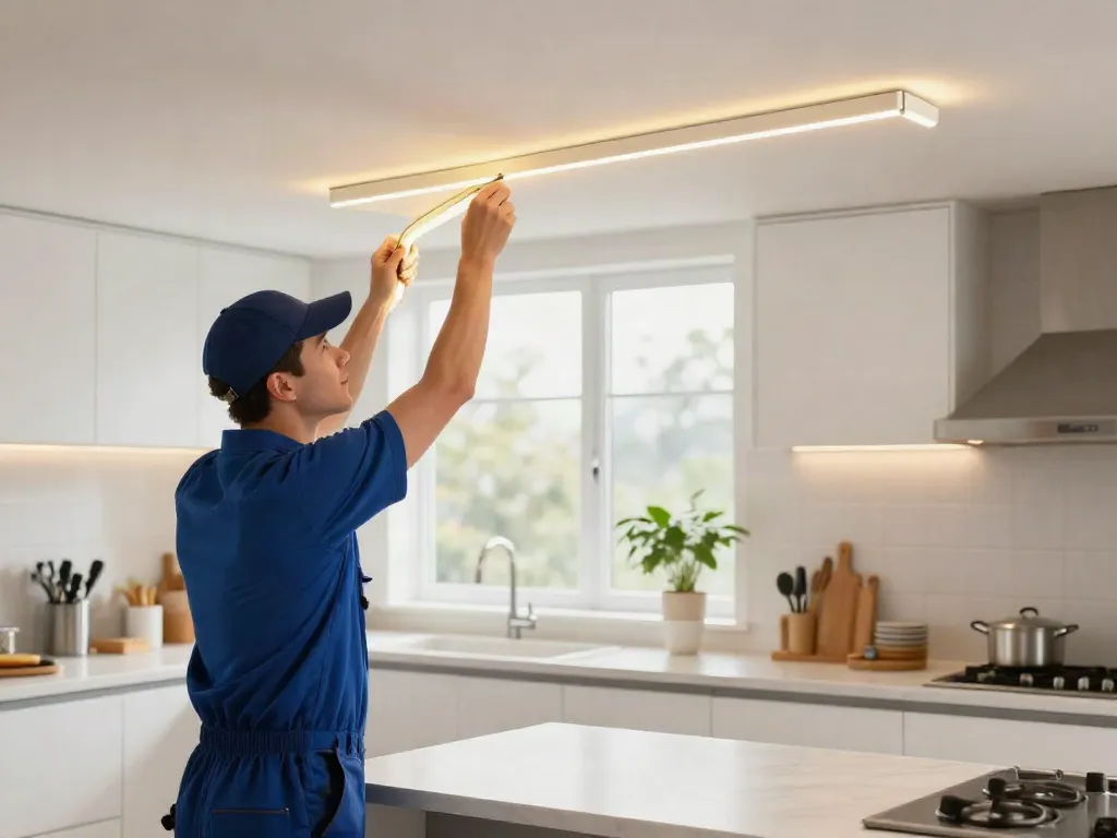 O bandă LED instalată de un contractor profesionist în bucătărie, iluminat modern pentru un mediu primitor.